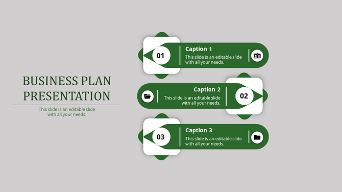 Business plan presentation slide with three green steps, each featuring a numbered label and an icon with captions.