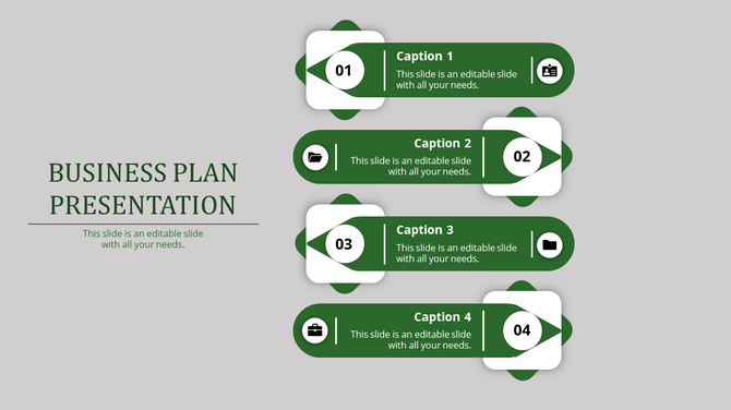 Infographic slide featuring four steps in green and white, with captions and icons on a neutral gray backdrop.