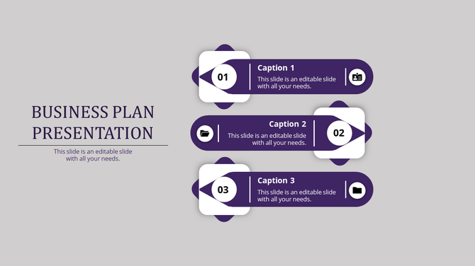 Business plan presentation slide with three purple steps, each featuring a numbered label and an icon with captions.