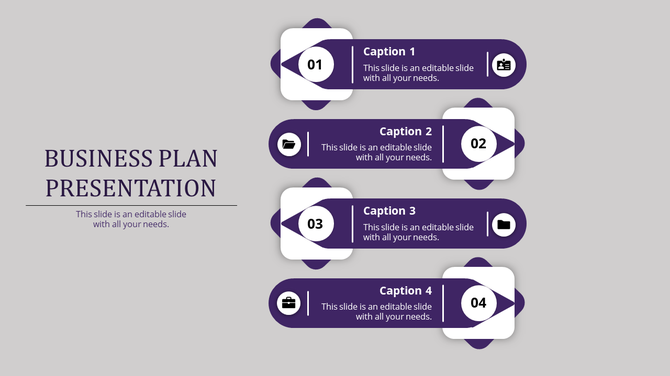 Purple-themed business plan infographic with four horizontal steps, numbered circles, captions, and business-related icons.
