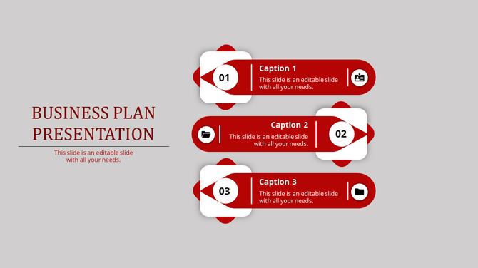 Three step business slide with red and white sections, featuring numbered icons, and captions, on a gray background.