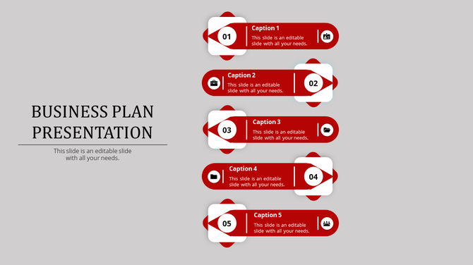 Five-step business plan infographic with horizontal red banners, numbered circles, captions, and business-related icons.