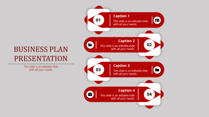 Business workflow template displaying a four-stage process with red banners, circular numbering, and business-related icons.