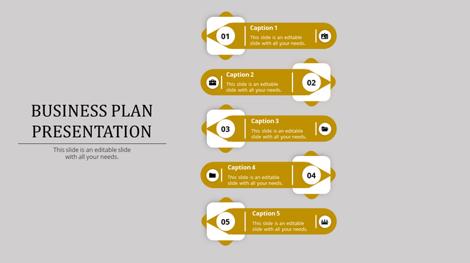 Slide for a business plan presentation, featuring five yellow key steps, each with a corresponding icon and caption.