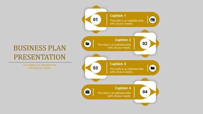 Business plan layout with four horizontal gold banners featuring icons and captions areas in a grey background.