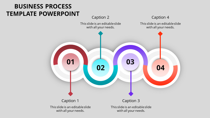 Business process PowerPoint slide with four numbered steps, each represented by colorful circular icons.