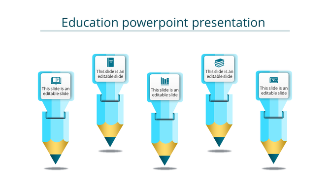 Education PowerPoint presentation template with five blue pencils, each representing a different concept, with icons.