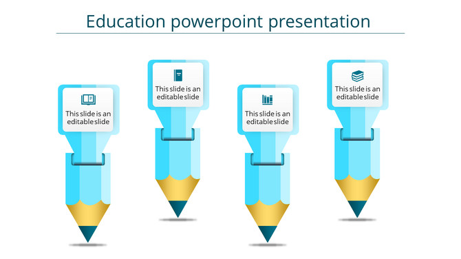 Education PowerPoint template with four blue pencils, each representing a different topic with icons and text sections.
