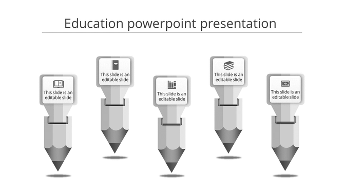 Education PowerPoint presentation template with five gray pencils, each representing a different concept, with icons.