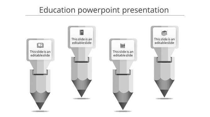 Education PowerPoint template with four gray pencils, each representing a different topic with icons and text sections.