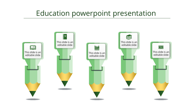Educational infographic with five pencil shaped designs in green and gold, each topped with a labeled text box.