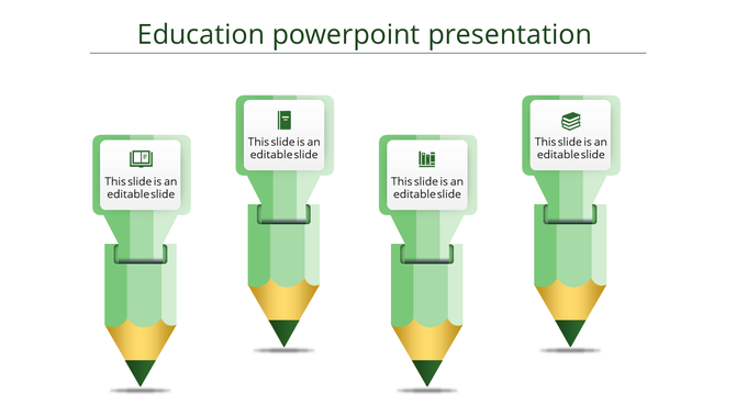 Slide featuring four green pencils with gold tips, and icons on top, arranged evenly against a white backdrop.