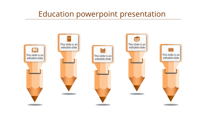 Educational PowerPoint slide with pencil shaped graphics and text boxes for content sections.