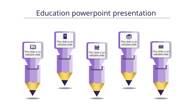 Education themed template with five vertical purple pencil graphics, paired with text boxes on top.