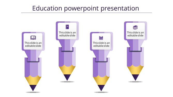 Four vertical purple pencils with gold tips, each topped with square icons and text boxes, on a white background.
