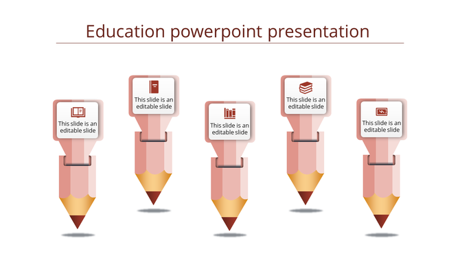 Set of five stylized pencils with educational icons and text boxes, symbolizing different aspects of learning and academia.