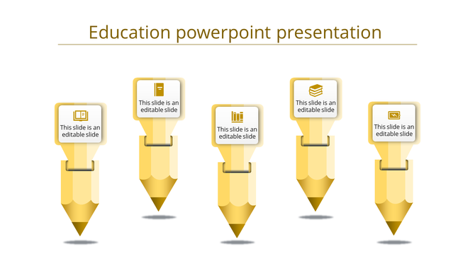 Five yellow pencil themed infographic elements with educational icons and text boxes, arranged in a row.