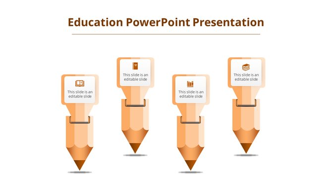 Education infographic with four vertical orange pencils, each featuring an icon and a floating placeholder text box. 