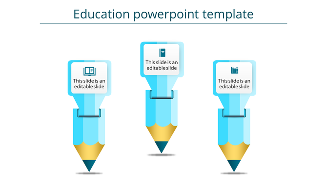 Education PowerPoint template with three colorful pencils, each representing a different topic, with captions and icons.