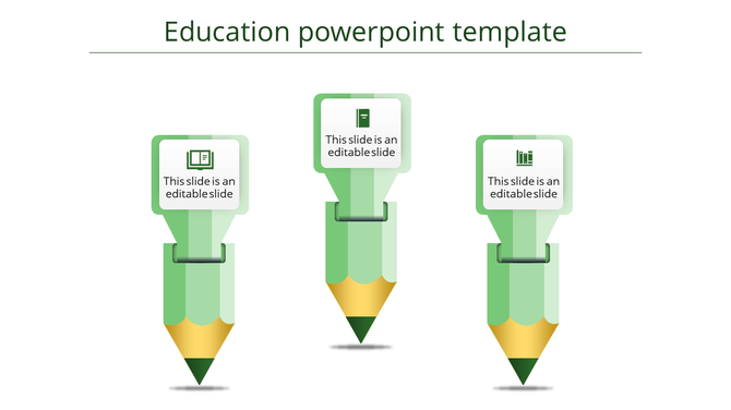 Educational infographic featuring three green pencils with icons for books, documents, and data charts on the top.