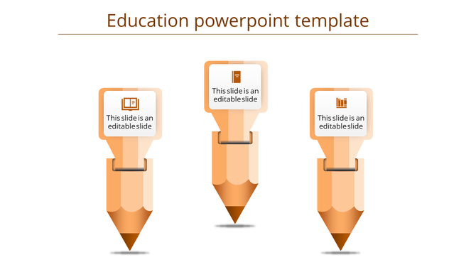 Education slide featuring three orange pencils with icons on top, arranged vertically on a white background.