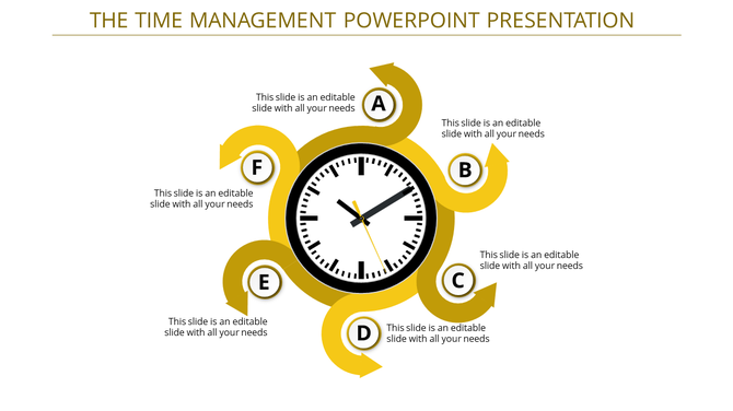 Time management PowerPoint template with six yellow sections arranged around the clock, each marked with a letter and text.