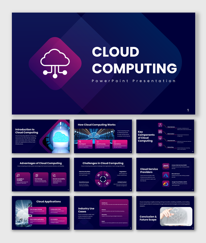 Cloud computing slideswith dark blue purple theme, cloud icon, service blocks, charts, icons, and clean layouts for insights.