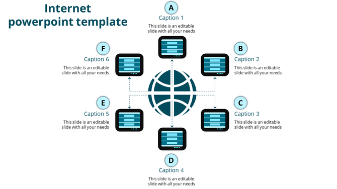Internet PPT slide featuring six blue interconnected devices and a central globe, representing a global digital network.