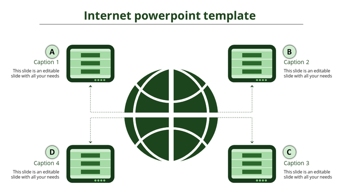 Internet PPT slide featuring a central globe with four connected devices, representing global connectivity and data sharing.