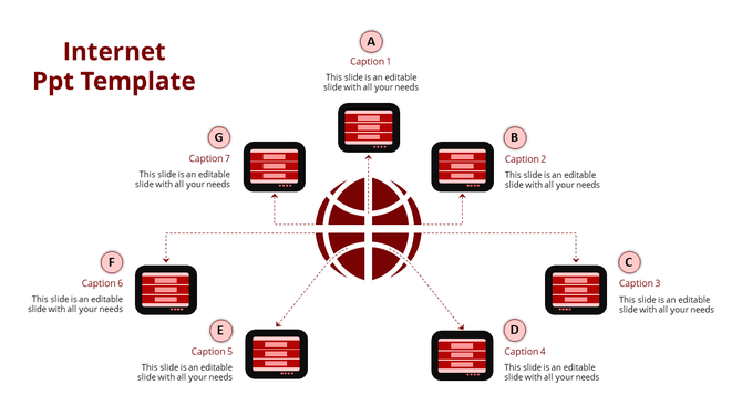 Internet PPT template with a central globe and seven devices connected by lines, representing global digital connectivity.