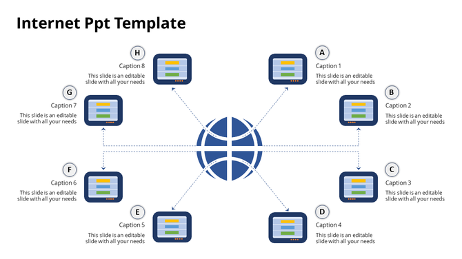 Internet communication concept featuring a blue global network symbol at the center, connected to eight digital screens.