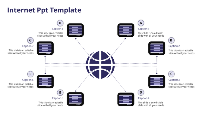 Purple themed internet PowerPoint template featuring a globe at the center with eight connected devices with captions.
