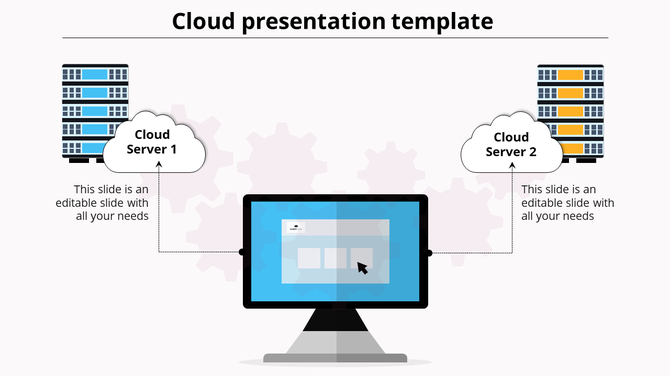 Cloud presentation template showing a computer connected to two cloud servers with gear icons in the background.