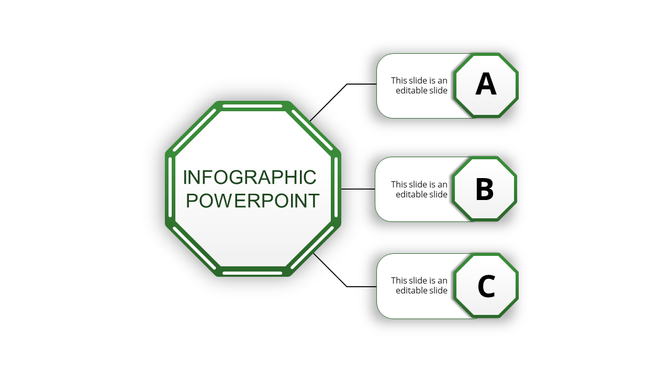Infographic PowerPoint template with a central hexagonal section and three surrounding text boxes labeled A, B, and C.