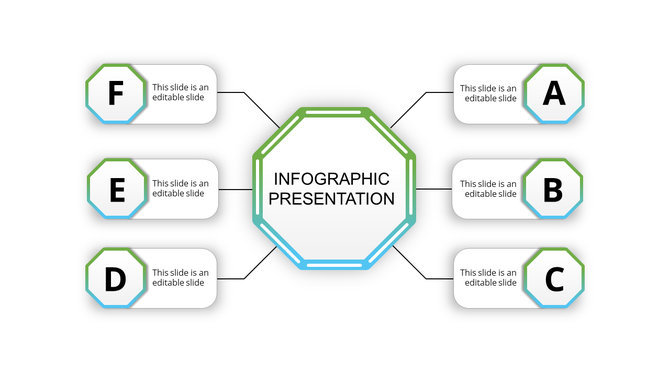 Infographic layout featuring a green and blue bordered central octagon linked to six smaller labeled octagons.