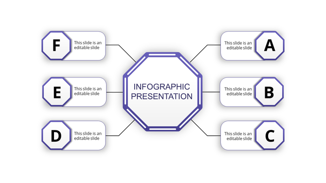 Infographic presentation slide with a purple octagonal center surrounded by six sections labeled A through F with text area.
