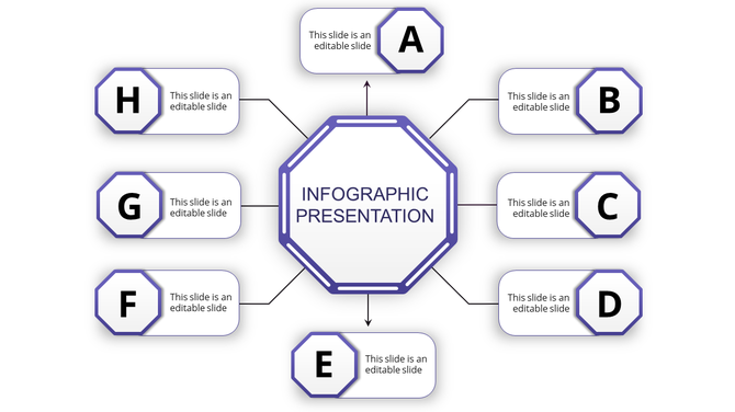 Hexagonal letter labeled infographic in purple with eight surrounding content boxes, linked to a central octagonal element.