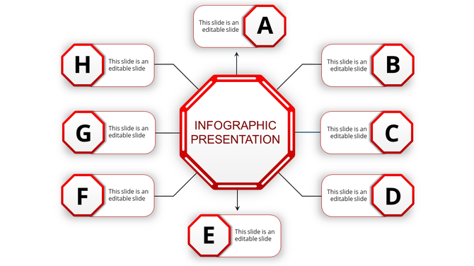 Infographic presentation slide with a central hexagon and eight red surrounding sections with placeholder text.