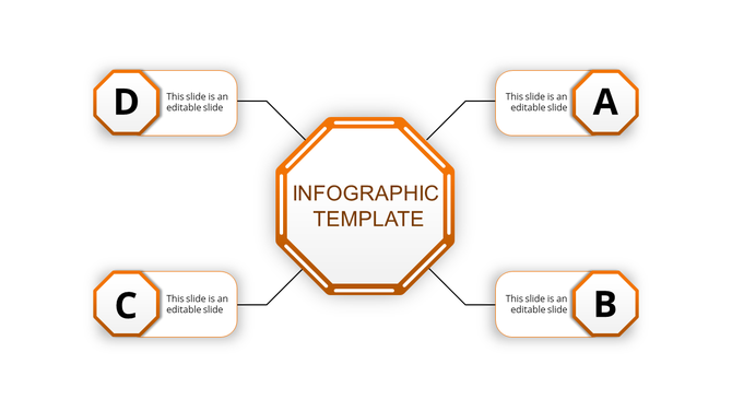 Infographic PPT template with a central node labeled text and four surrounding orange sections labeled A to D.