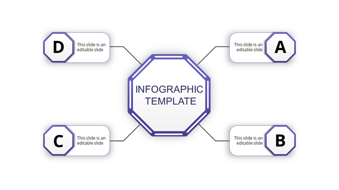 Professional PowerPoint infographic with a purple octagonal center linked to four labeled sections via black lines.