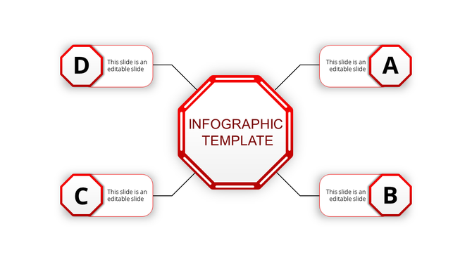 Infographic PPT template with a central node labeled text and four surrounding red sections labeled A to D.
