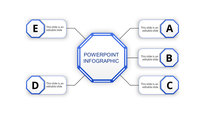Infographic PPT slide with a central title and surrounding five blue sections labeled A through E with placeholder text.