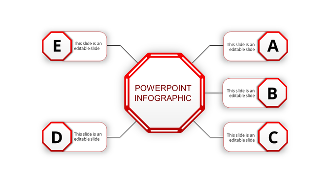 Business infographic featuring a red-bordered octagonal center linking to five surrounding labeled content blocks.