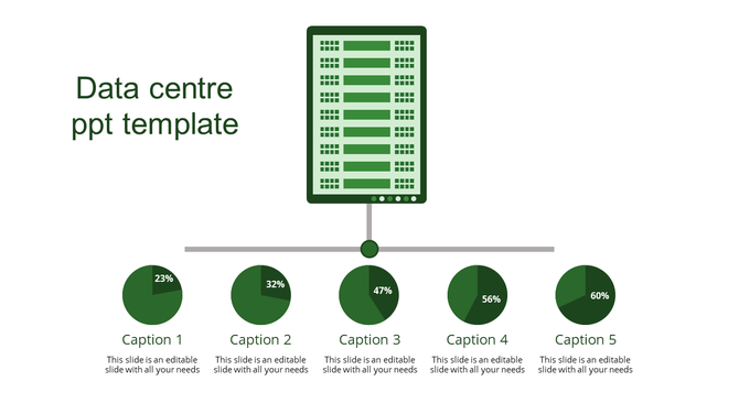 Data center template with green server icon and five pie charts showing percentages placed in white backdrop.