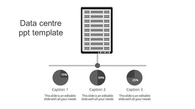 Visual data center template featuring a server graphic and three pie charts connected horizontally, in gray tones.