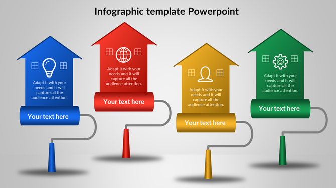 Infographic with four house shaped blocks in blue, red, yellow, and green connected by winding pipes.