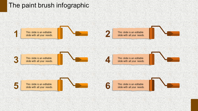 Infographic PowerPoint template with six numbered orange paintbrush icons connected to text boxes.