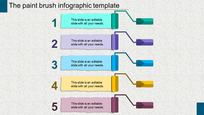 Infographic slide featuring five colorful paint arranged vertically, each connected to a labeled section for captions.