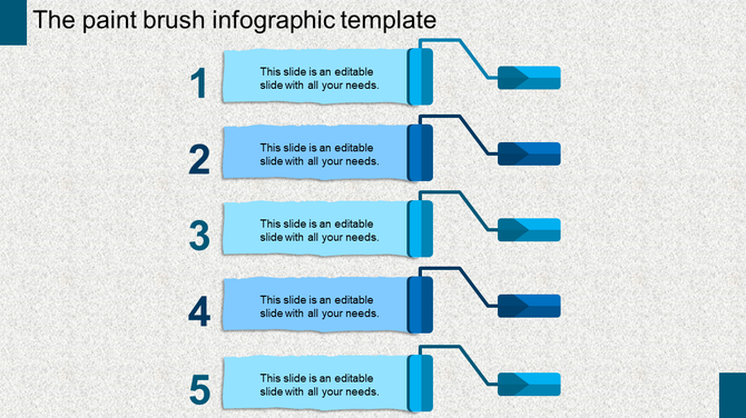 Slide featuring five numbered text blocks connected to blue paintbrush shapes on a textured gray backdrop.