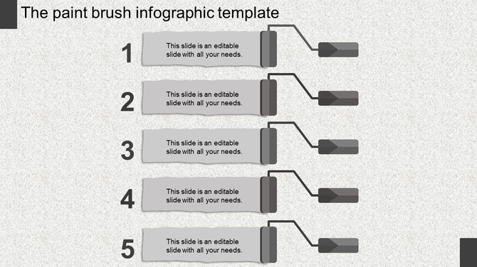 Gray infographic with five paintbrush icons linked to rectangular text boxes, arranged vertically on a textured background.